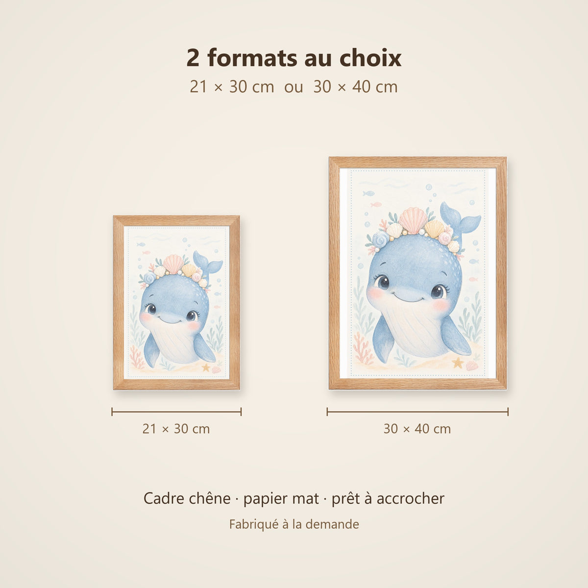 Poster Baleine aux Coquillages Encadré – Décoration Chambre Bébé Animaux Aquarelle – Cadre Chêne Prêt à Accrocher