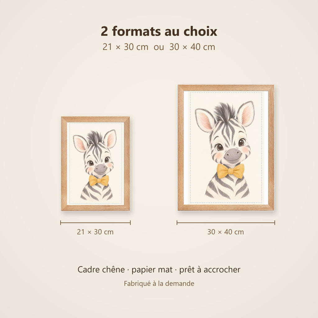 Poster Zèbre Nœud Papillon Encadré – Décoration Chambre Bébé Animaux Aquarelle – Cadre Chêne Prêt à Accrocher
