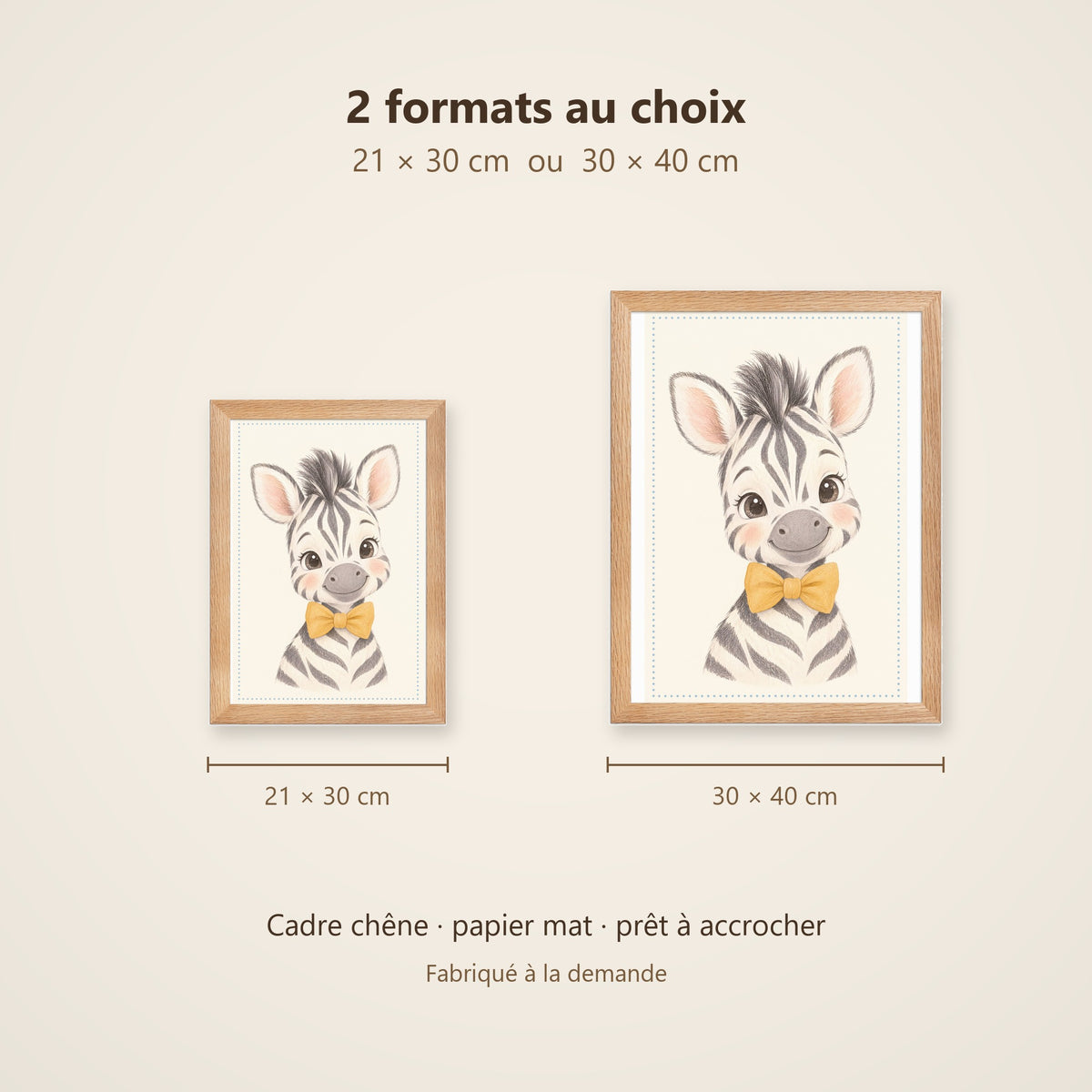 Poster Zèbre Nœud Papillon Encadré – Décoration Chambre Bébé Animaux Aquarelle – Cadre Chêne Prêt à Accrocher