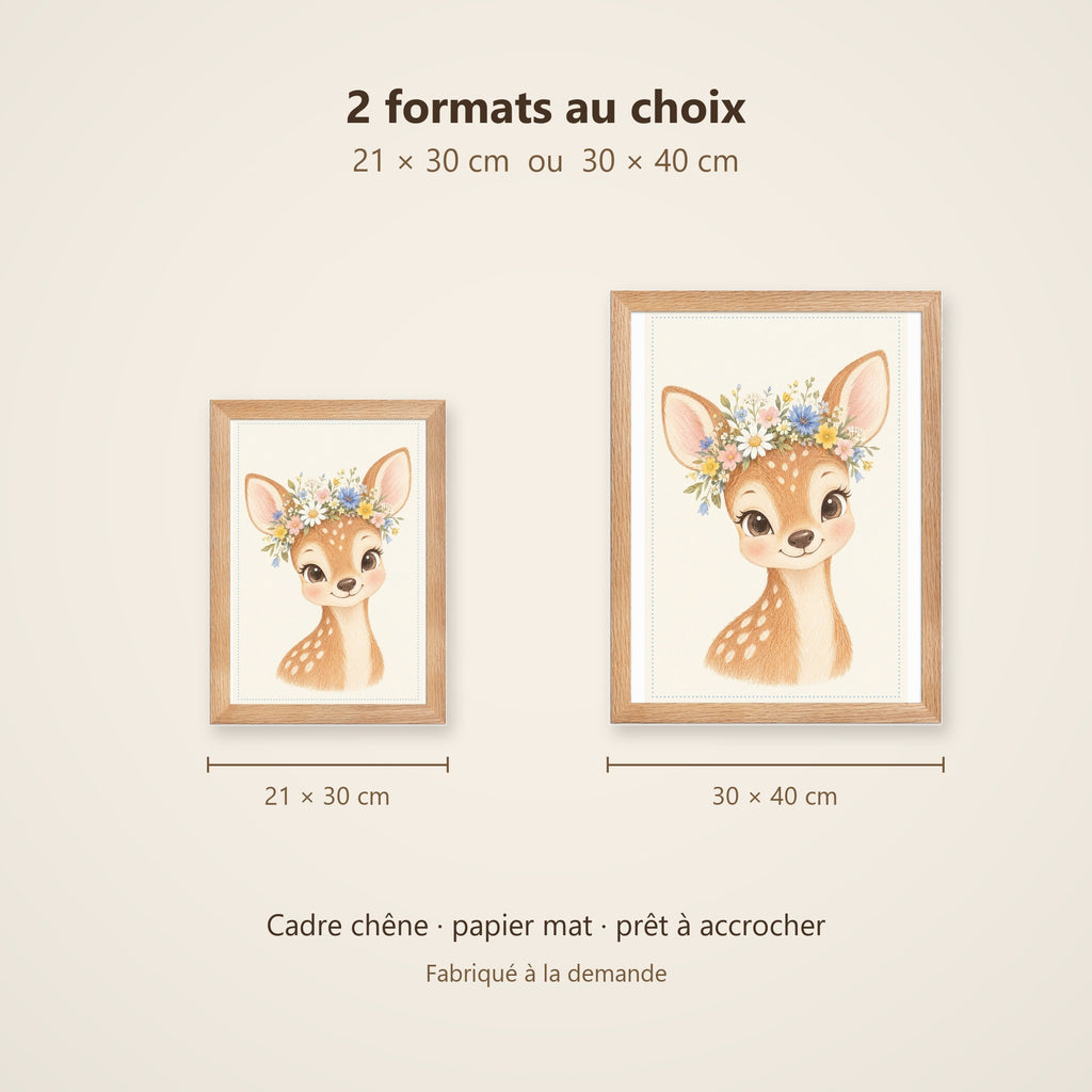 Poster Faon Fleuri Encadré – Décoration Chambre Bébé Animaux Aquarelle – Cadre Chêne Prêt à Accrocher
