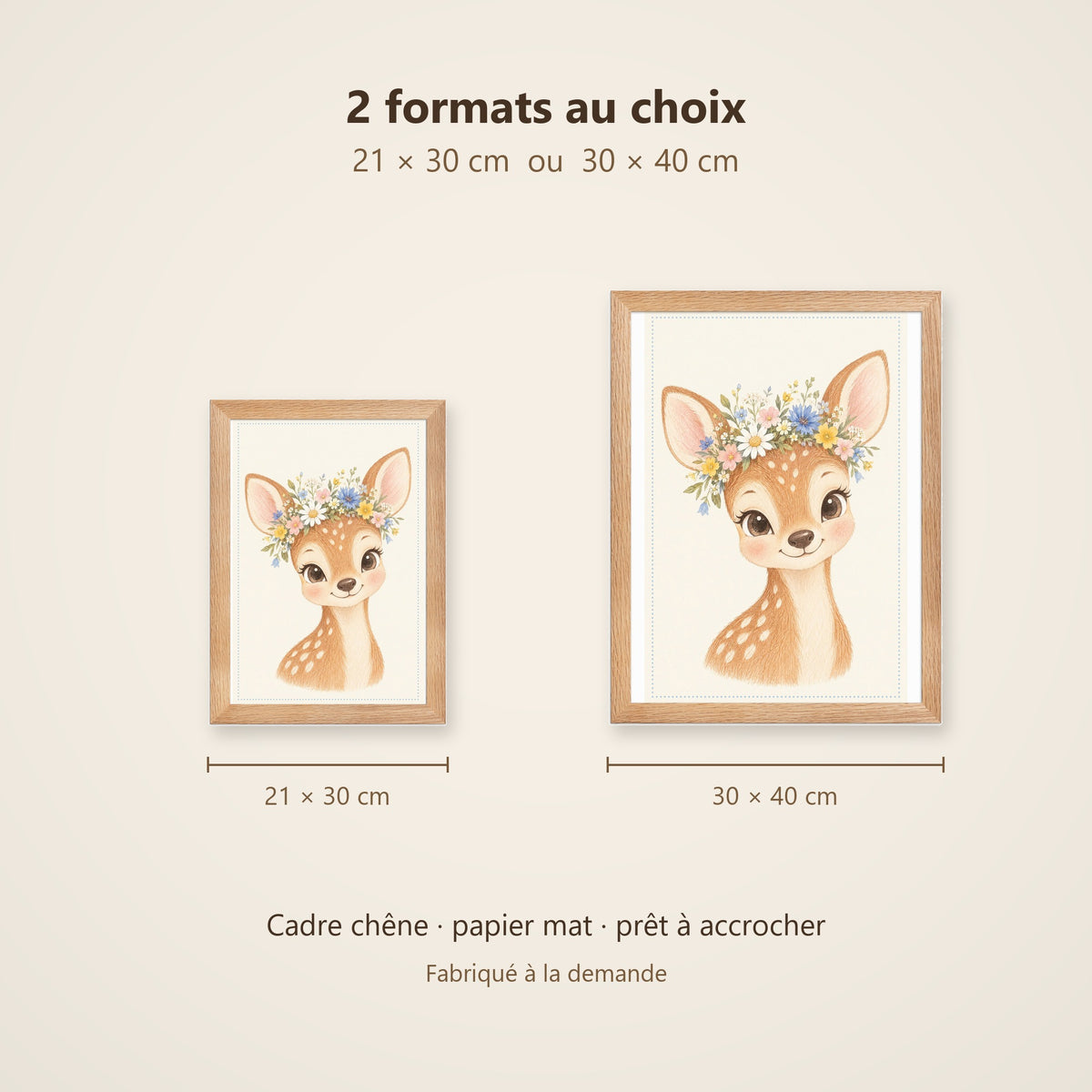 Poster Faon Fleuri Encadré – Décoration Chambre Bébé Animaux Aquarelle – Cadre Chêne Prêt à Accrocher