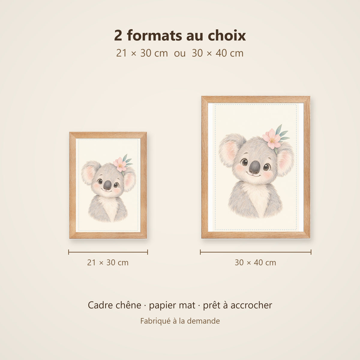 Poster Koala Encadré – Décoration Chambre Bébé Animaux Aquarelle – Cadre Chêne Prêt à Accrocher