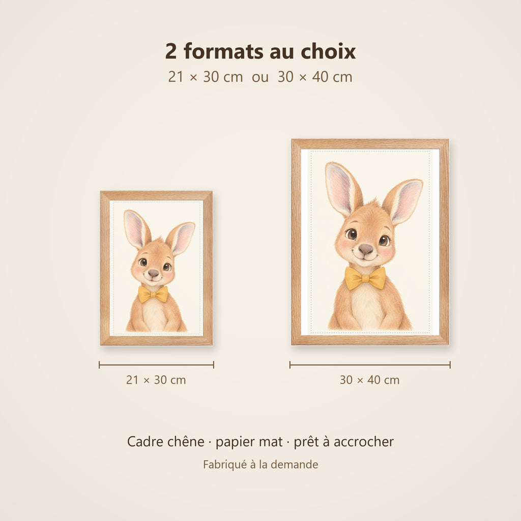 Poster Kangourou Encadré – Décoration Chambre Bébé Animaux Aquarelle – Cadre Chêne Prêt à Accrocher