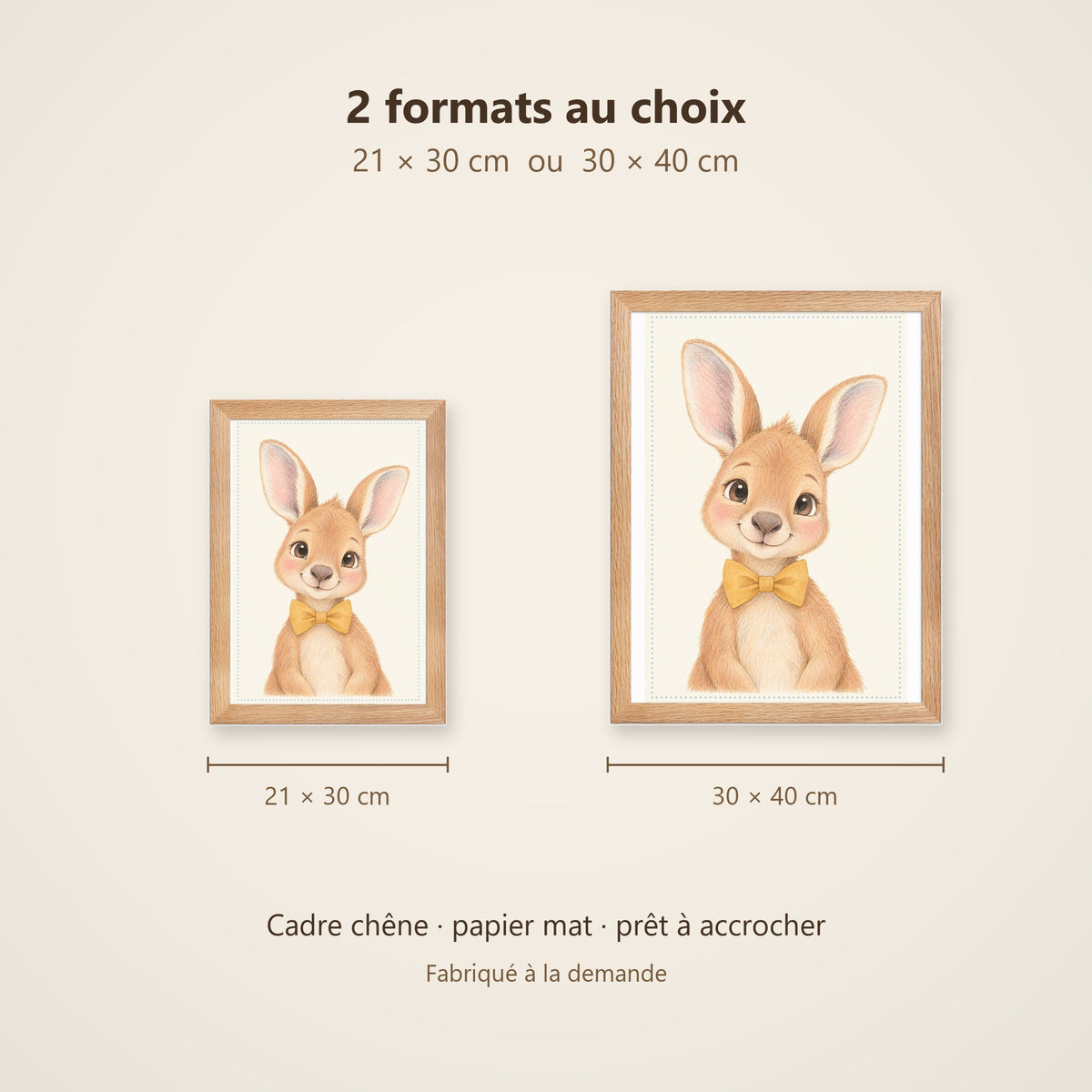 Poster Kangourou Encadré – Décoration Chambre Bébé Animaux Aquarelle – Cadre Chêne Prêt à Accrocher