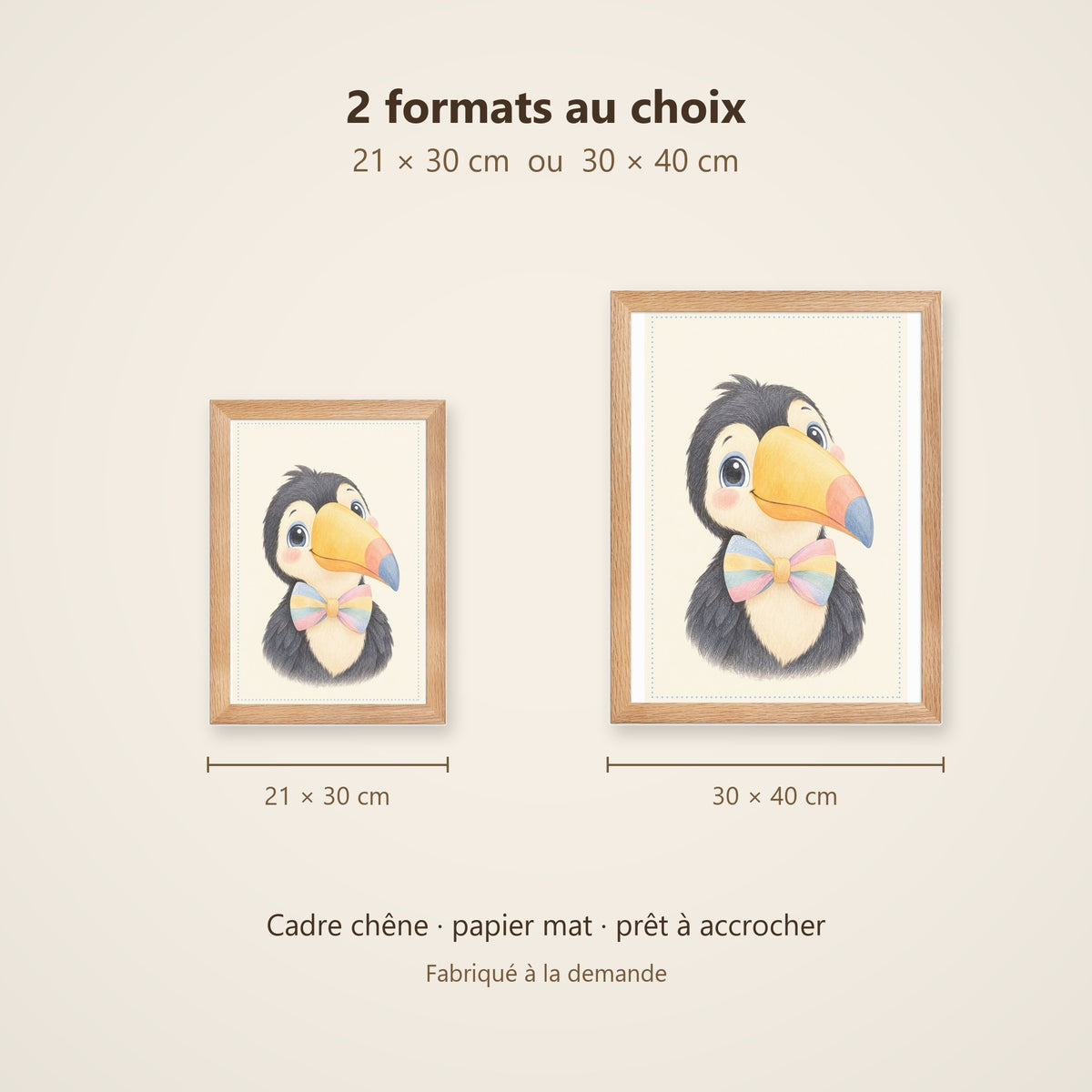 Poster Toucan Encadré – Décoration Chambre Bébé Animaux Aquarelle – Cadre Chêne Prêt à Accrocher