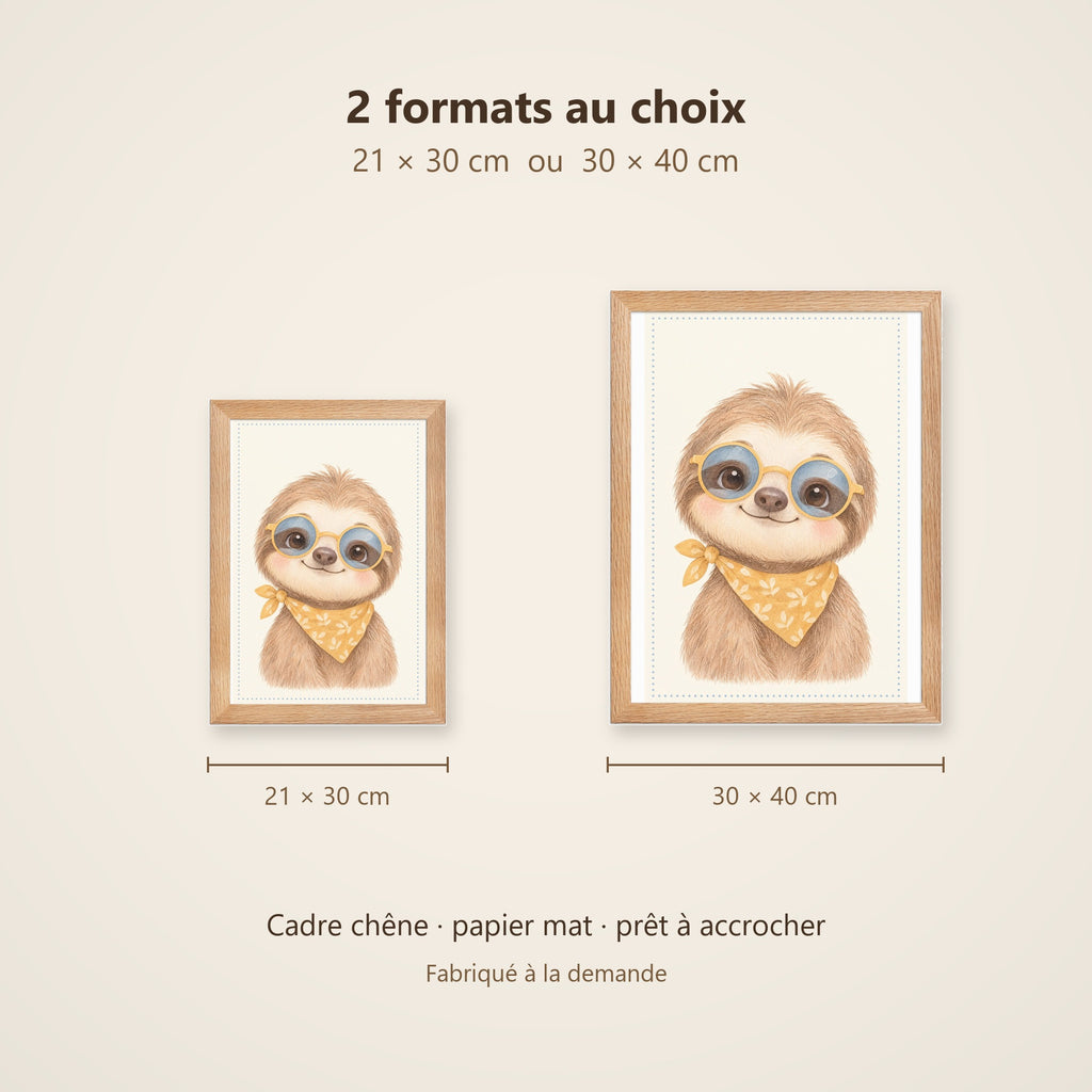 Poster Paresseux Encadré – Décoration Chambre Bébé Animaux Aquarelle – Cadre Chêne Prêt à Accrocher