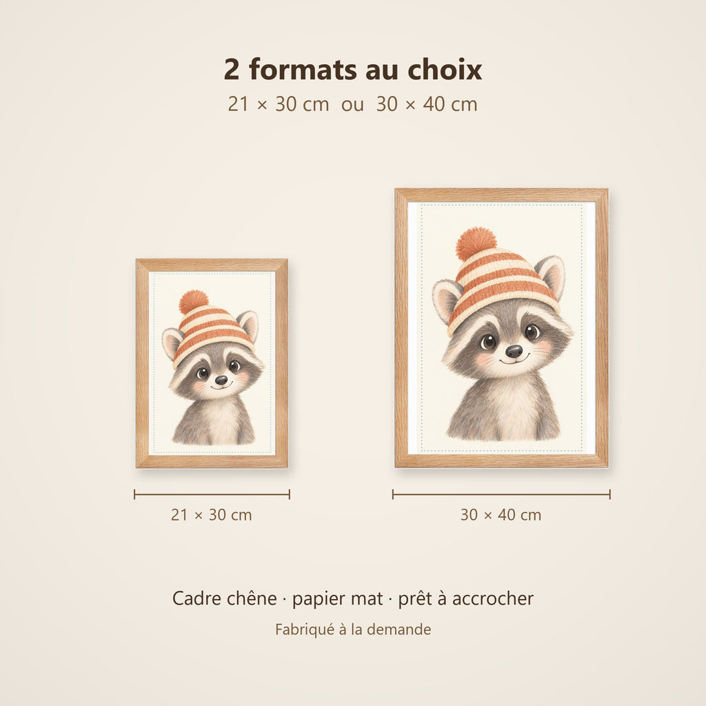 Poster Raton Laveur Encadré – Décoration Chambre Bébé Animaux Aquarelle – Cadre Chêne Prêt à Accrocher