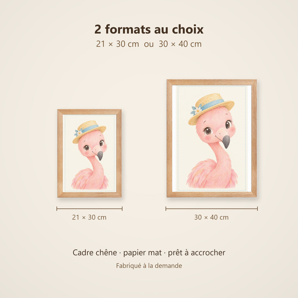Poster Flamant Rose Encadré – Décoration Chambre Bébé Animaux Aquarelle – Cadre Chêne Prêt à Accrocher