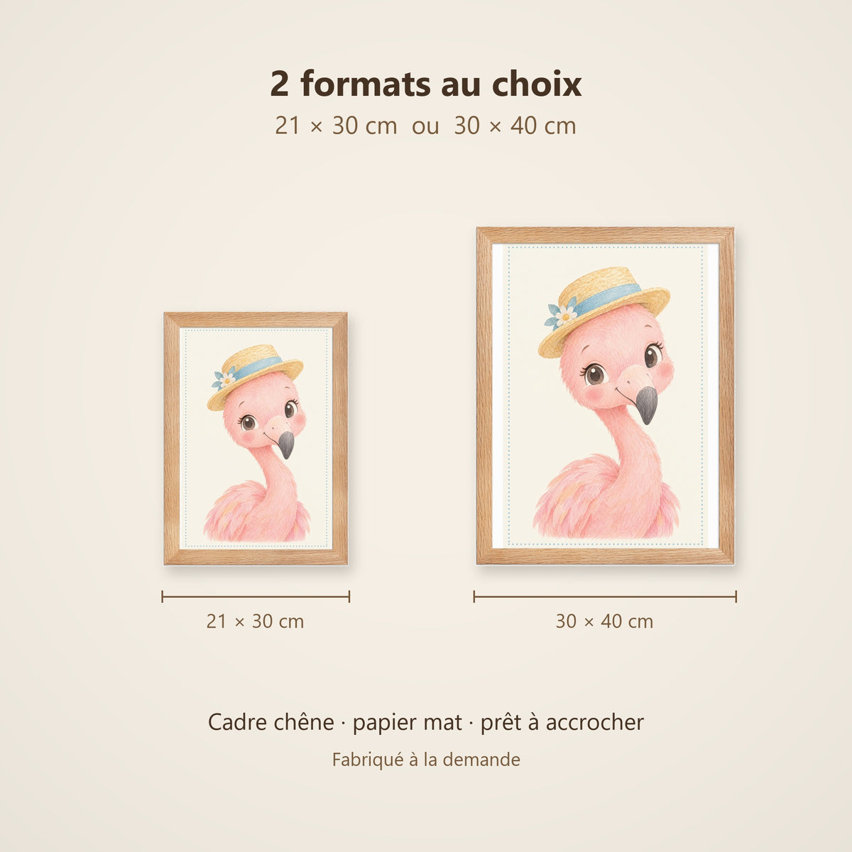 Poster Flamant Rose Encadré – Décoration Chambre Bébé Animaux Aquarelle – Cadre Chêne Prêt à Accrocher