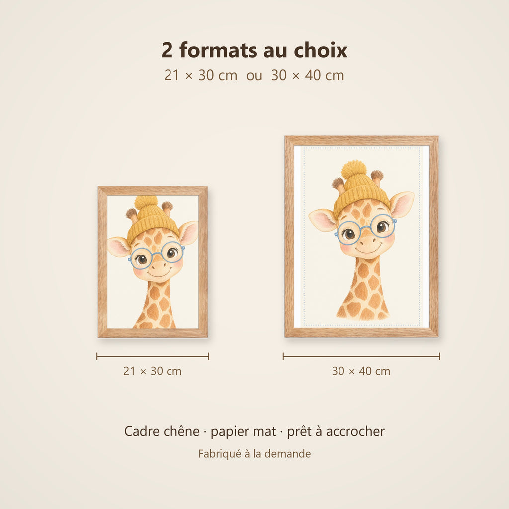 Poster Girafon Lunettes Encadré – Décoration Chambre Bébé Animaux Aquarelle – Cadre Chêne Prêt à Accrocher
