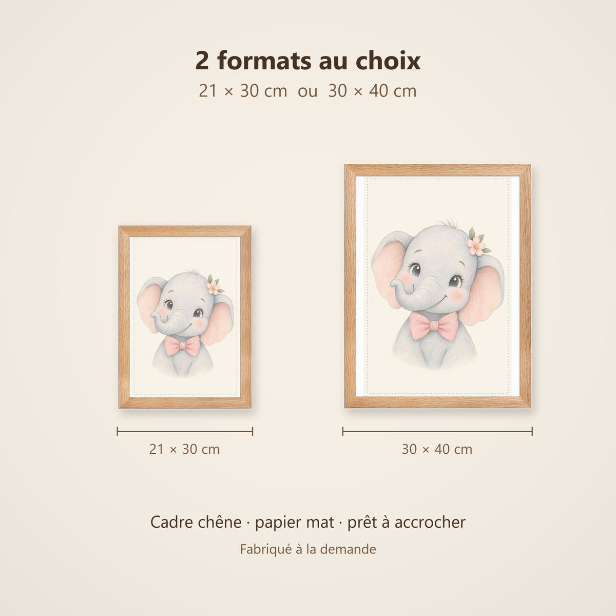 Poster Éléphanteau Fleur Encadré – Décoration Chambre Bébé Animaux Aquarelle – Cadre Chêne Prêt à Accrocher
