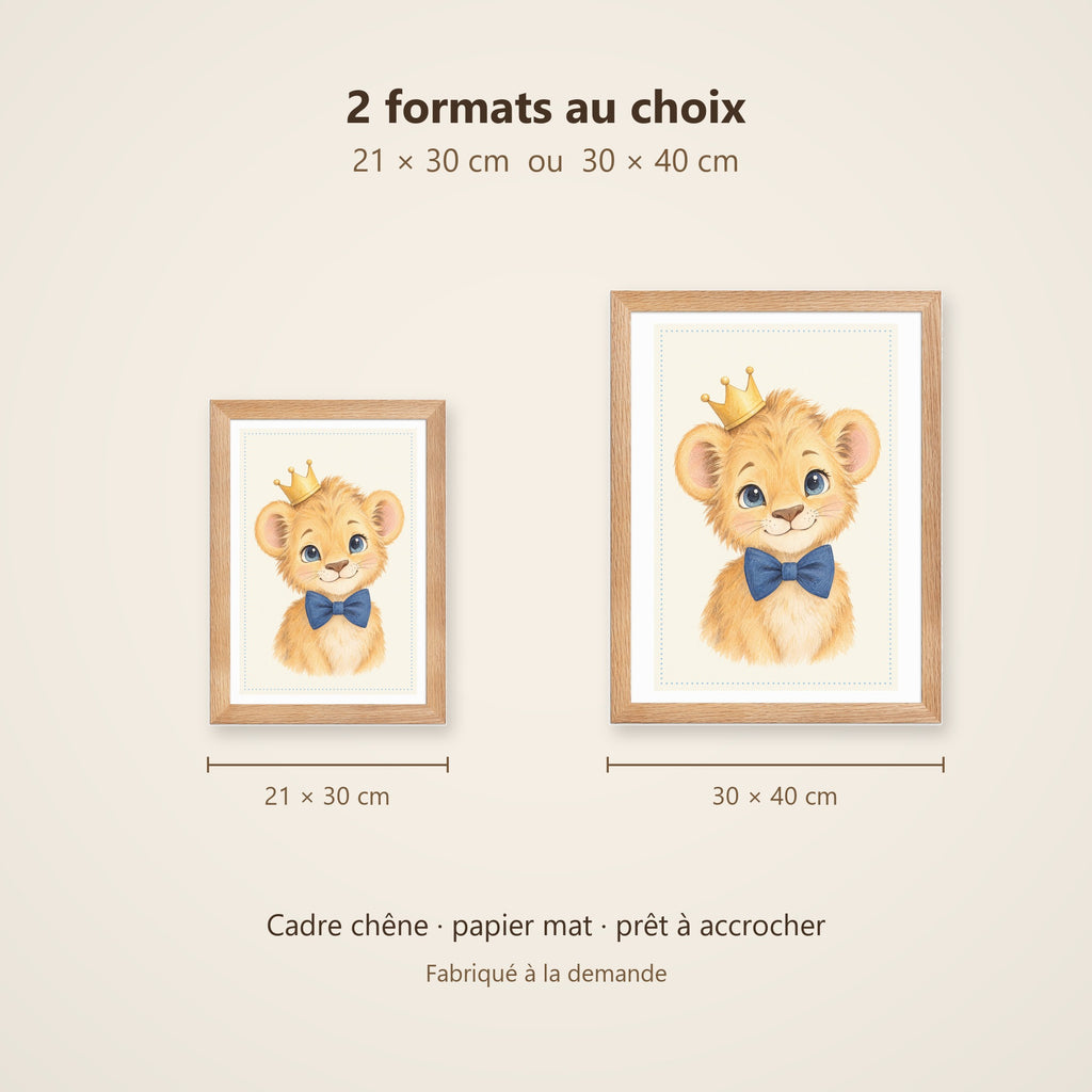 Poster Lionceau Nœud Papillon Encadré – Décoration Chambre Bébé Animaux Aquarelle – Cadre Chêne Prêt à Accrocher