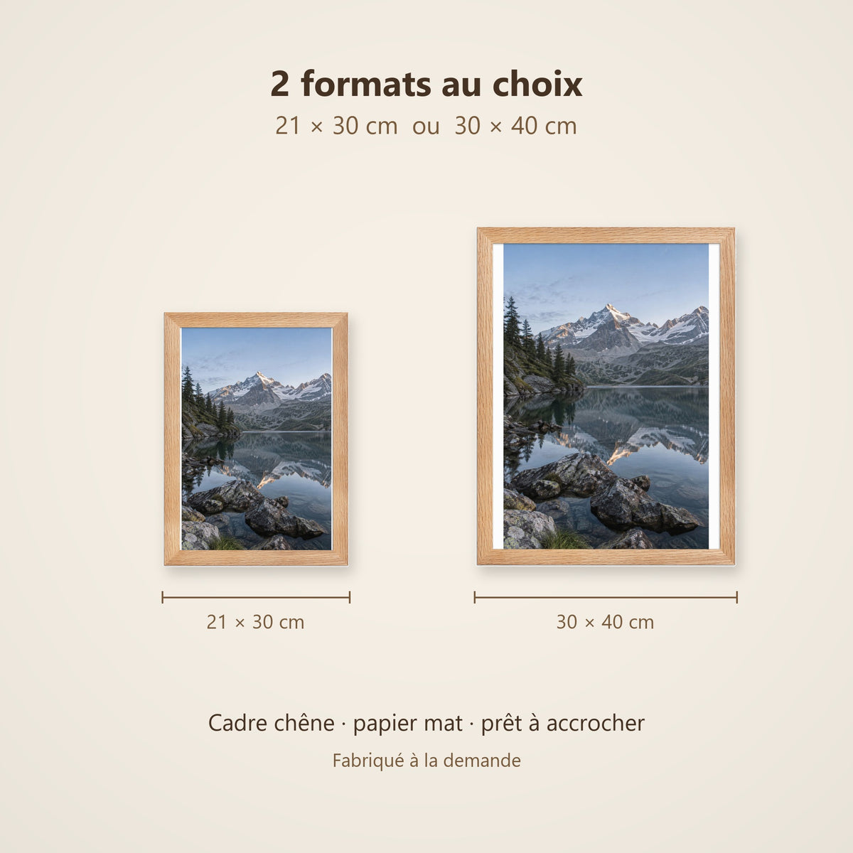 Poster Encadré Lac Alpin - Affiche Nature Montagne Cadre Chêne - Décoration Murale