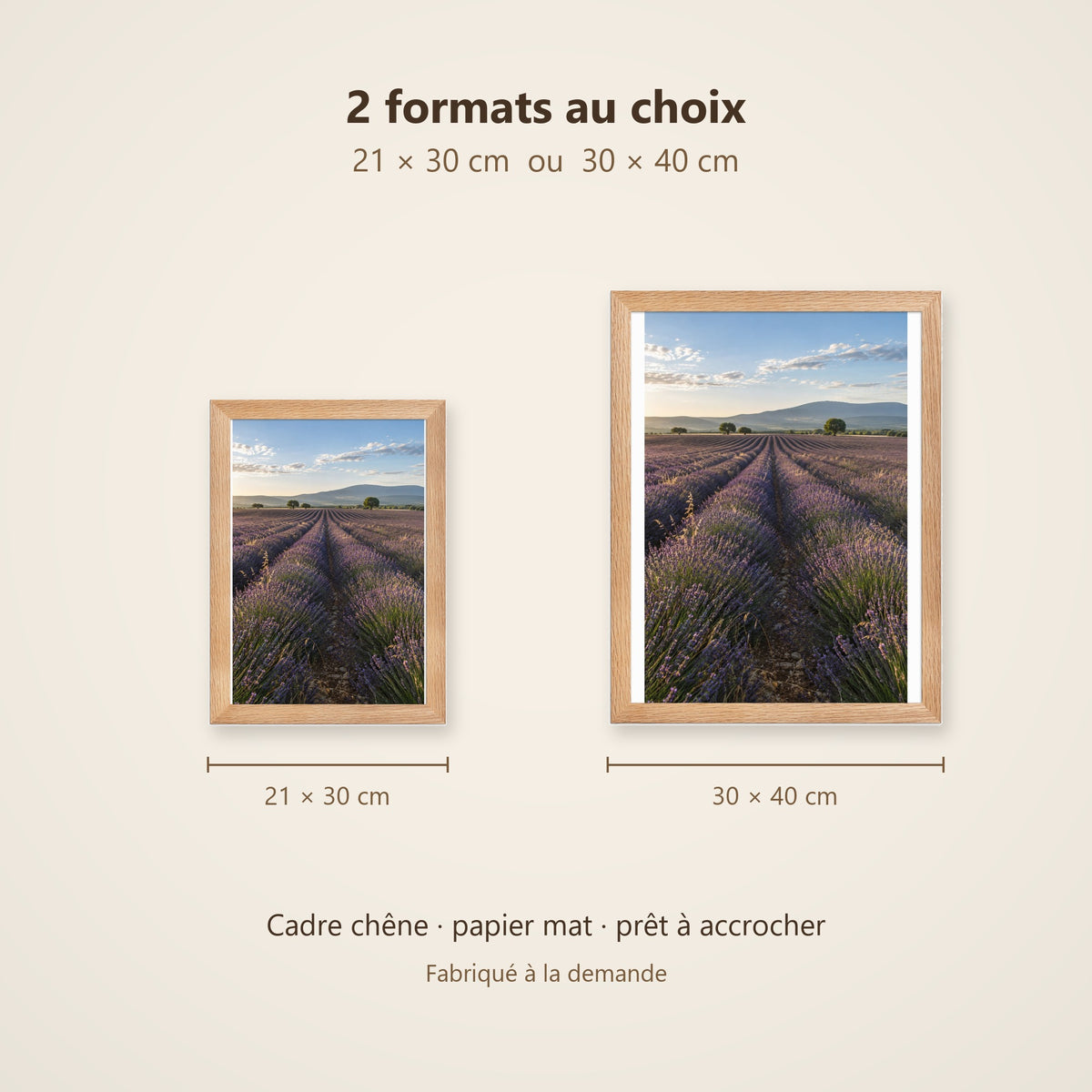 Poster Encadré Champ de Lavande - Affiche Nature Provence Cadre Chêne - Décoration Murale