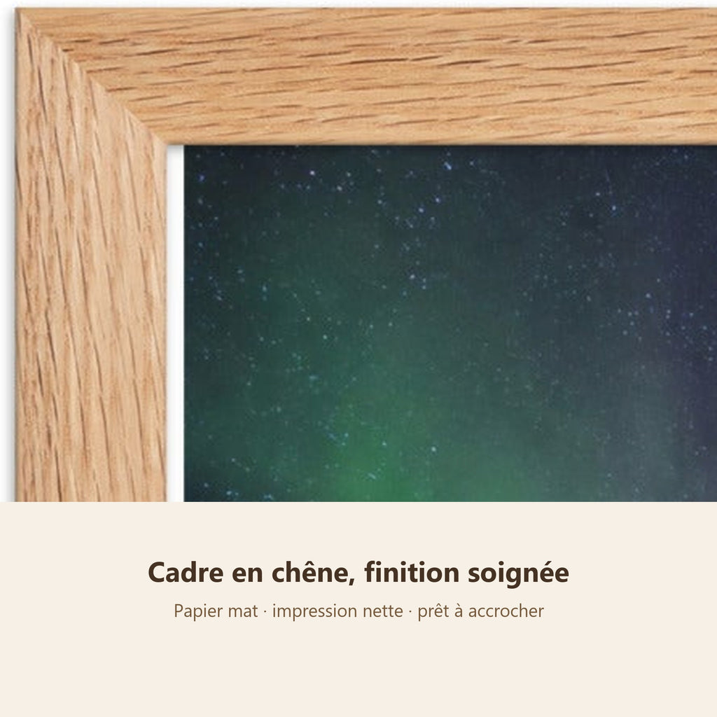 Poster Encadré Aurore Boréale - Affiche Nature Grand Nord Cadre Chêne - Décoration Murale