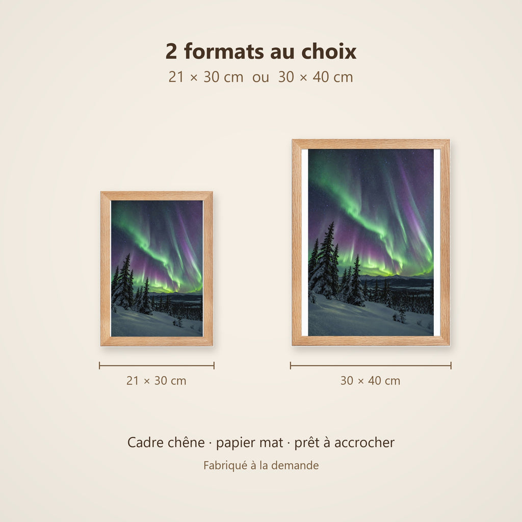 Poster Encadré Aurore Boréale - Affiche Nature Grand Nord Cadre Chêne - Décoration Murale