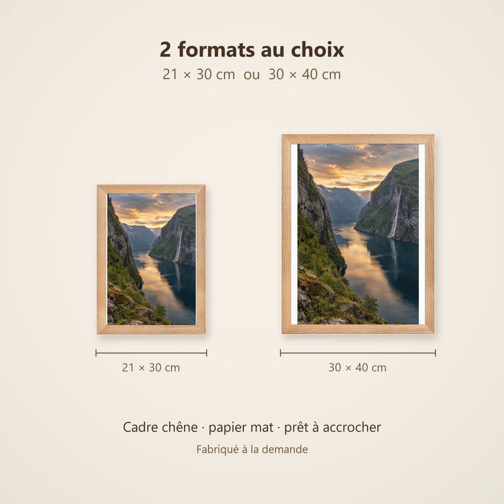 Poster Encadré Fjord Norvégien - Affiche Nature Montagne Cascade Cadre Chêne - Décoration Murale