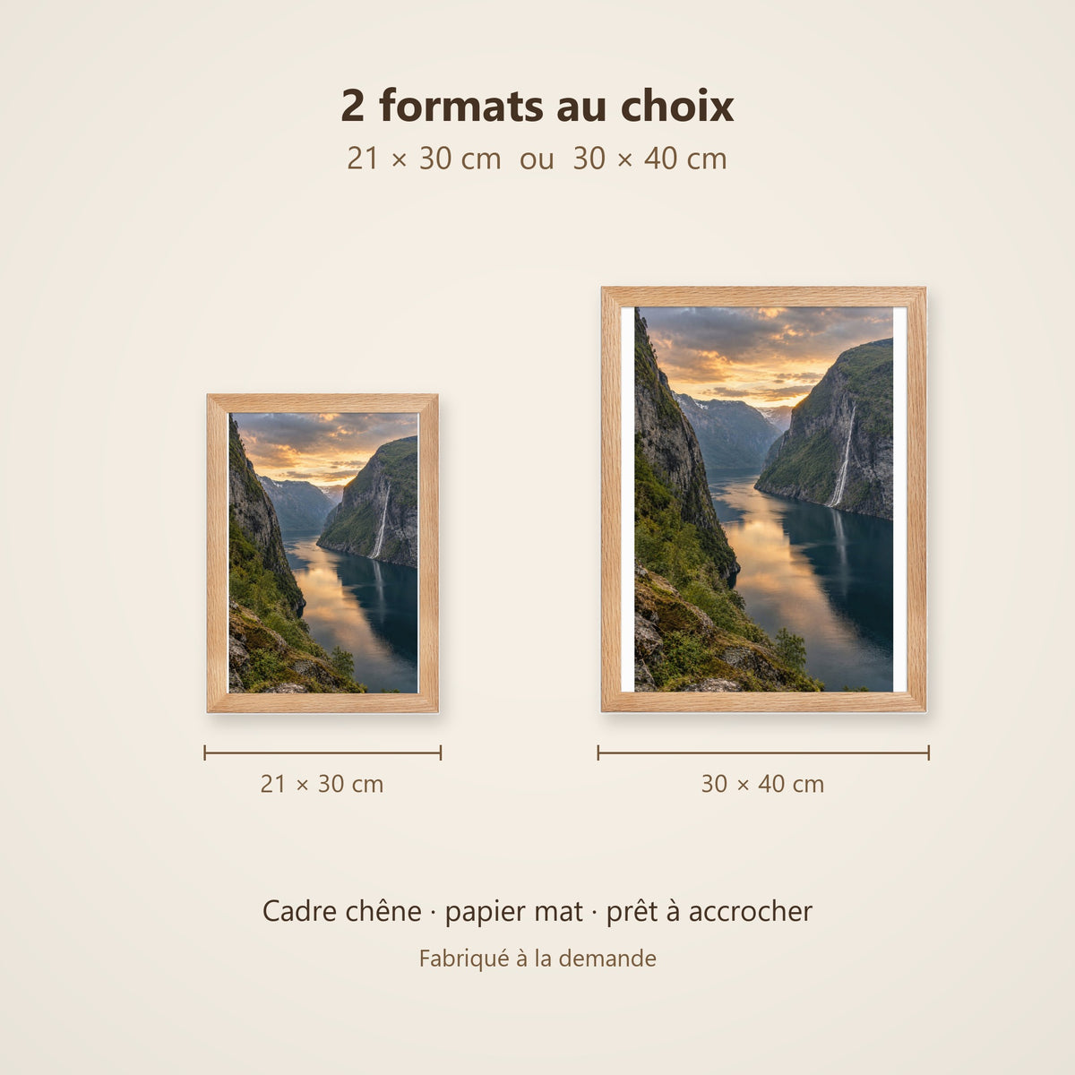 Poster Encadré Fjord Norvégien - Affiche Nature Montagne Cascade Cadre Chêne - Décoration Murale