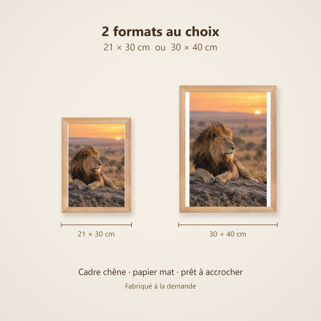 Poster Encadré Lion au Lever du Jour - Affiche Nature Savane Africaine Cadre Chêne - Décoration Murale