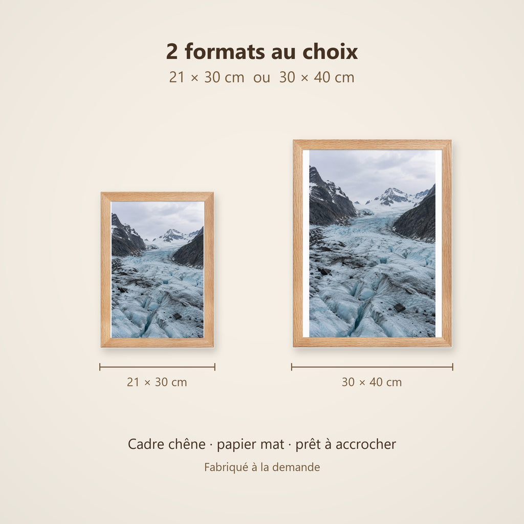 Poster Encadré Glacier - Affiche Nature Montagnes Enneigées Cadre Chêne - Décoration Murale