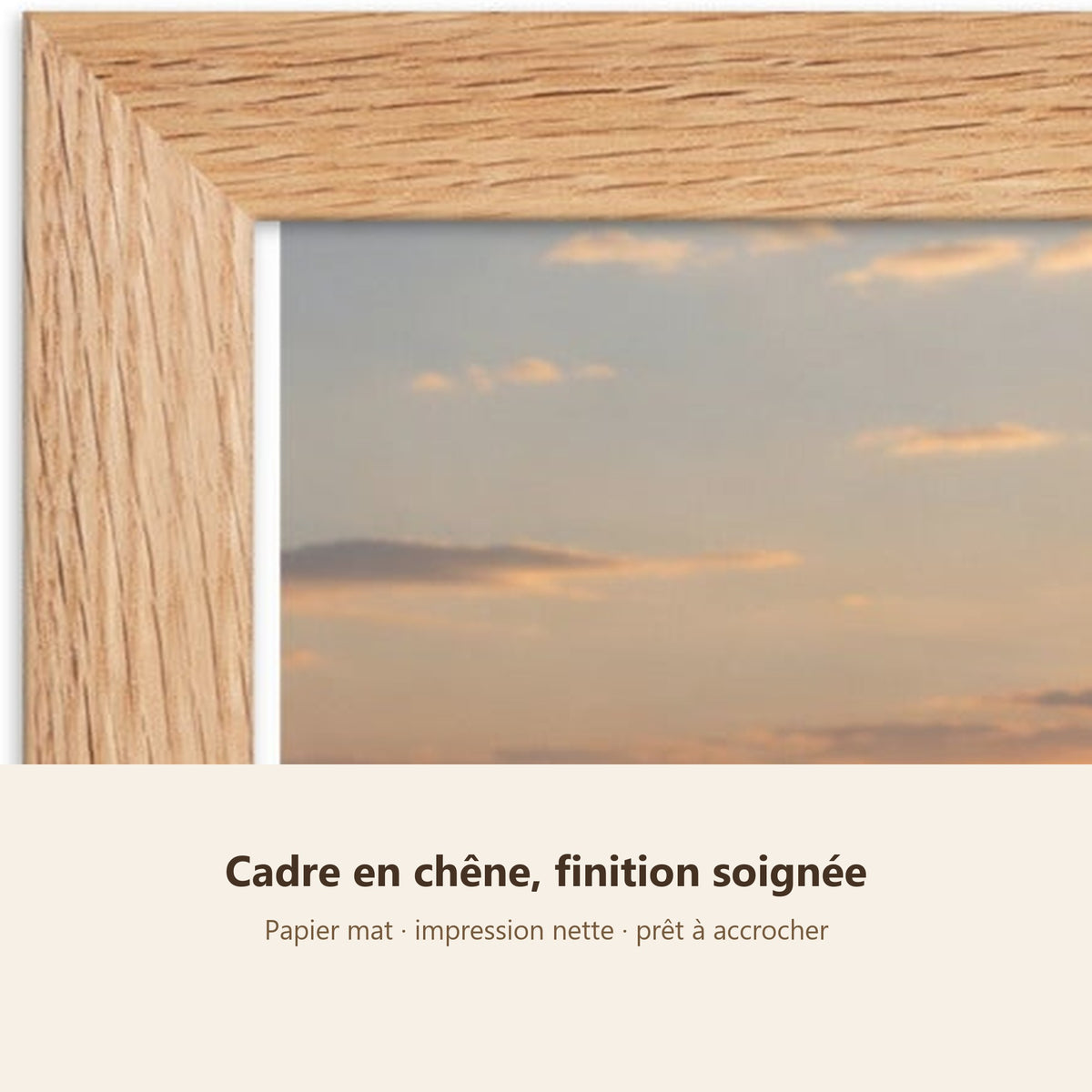 Poster Encadré Champ de Blé - Affiche Nature Coucher de Soleil Cadre Chêne - Décoration Murale
