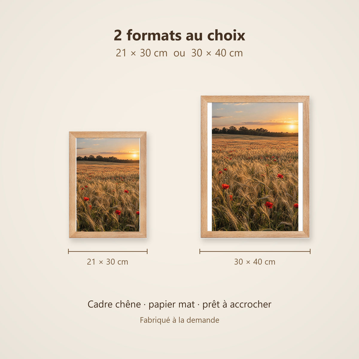 Poster Encadré Champ de Blé - Affiche Nature Coucher de Soleil Cadre Chêne - Décoration Murale