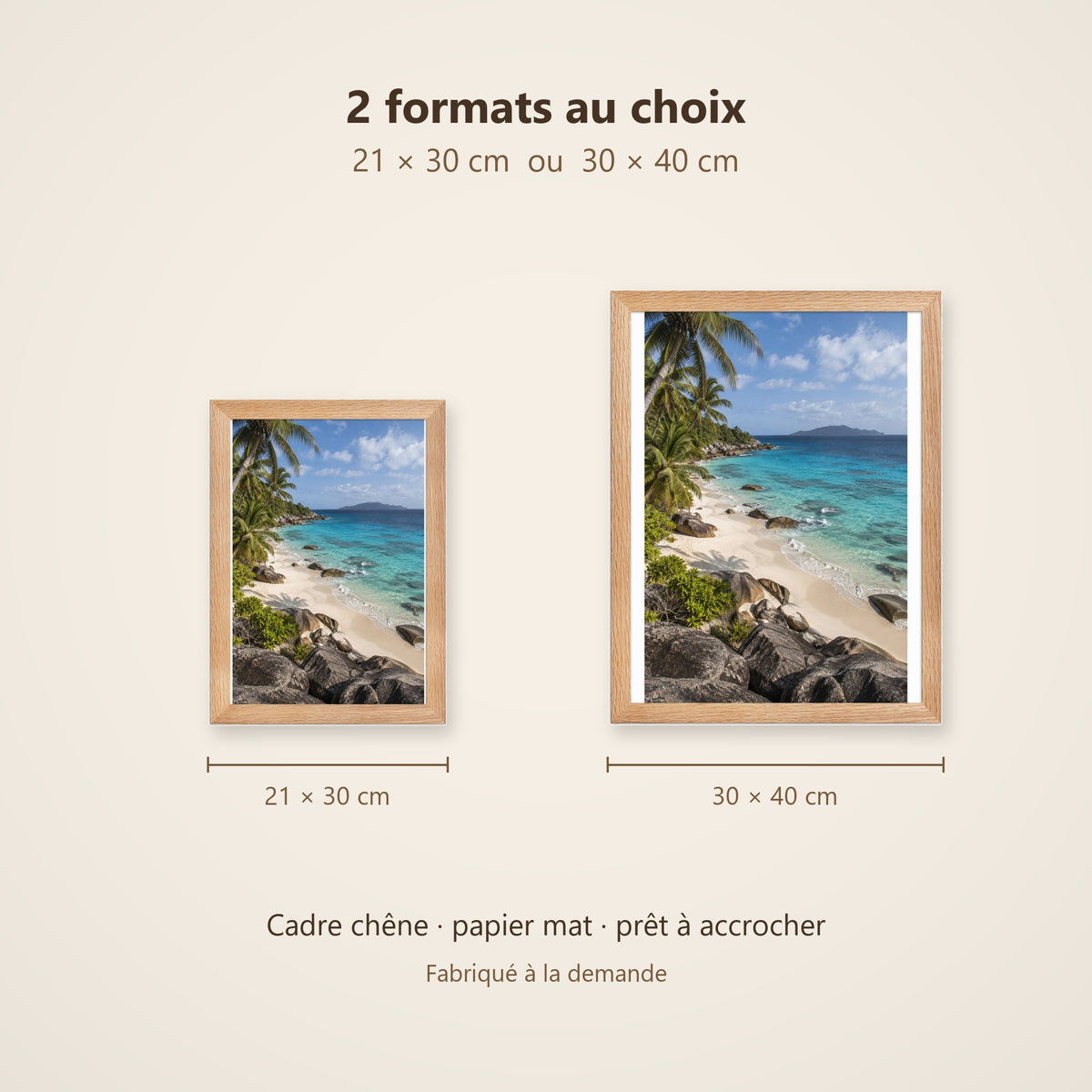 Poster Encadré Plage Tropicale - Affiche Nature Seychelles Cadre Chêne - Décoration Murale