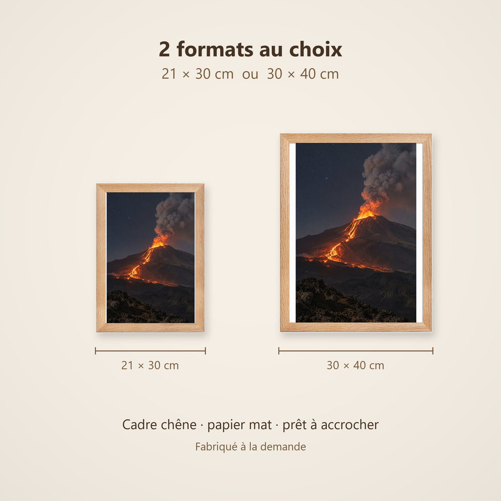 Poster Encadré Volcan de Nuit - Affiche Nature Éruption Cadre Chêne - Décoration Murale