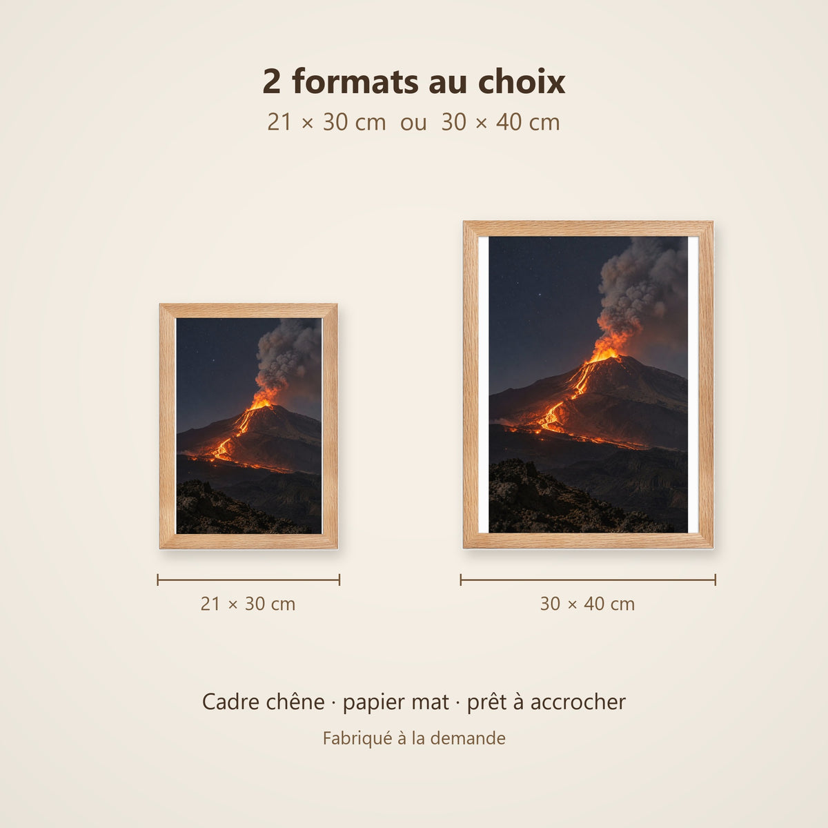 Poster Encadré Volcan de Nuit - Affiche Nature Éruption Cadre Chêne - Décoration Murale