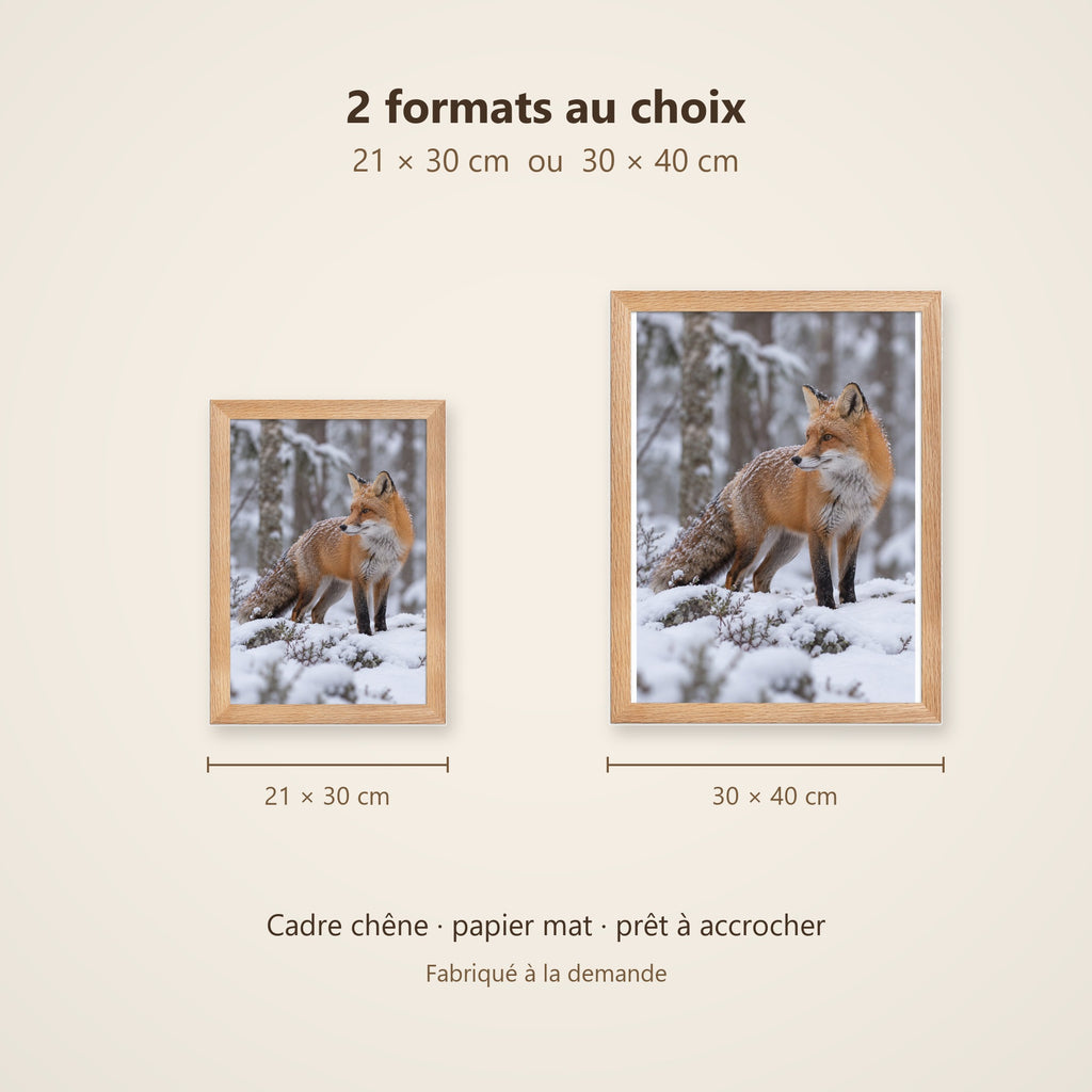 Poster Encadré Renard dans la neige - Affiche Animaux Sauvages Cadre Chêne - Décoration Murale