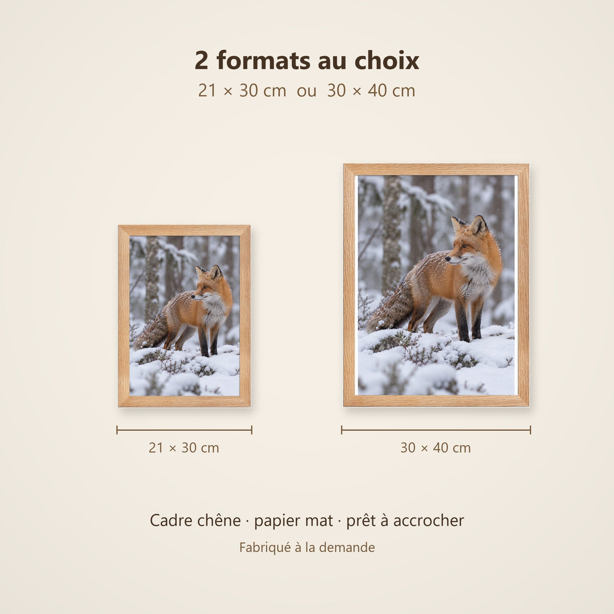 Poster Encadré Renard dans la neige - Affiche Animaux Sauvages Cadre Chêne - Décoration Murale