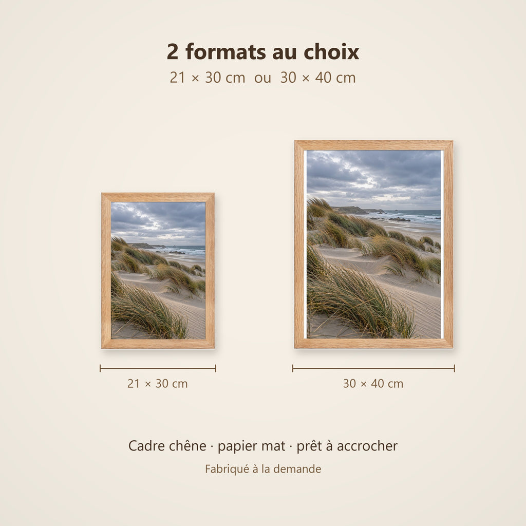 Poster Encadré Dunes et oyats - Affiche Nature Cadre Chêne - Décoration Murale