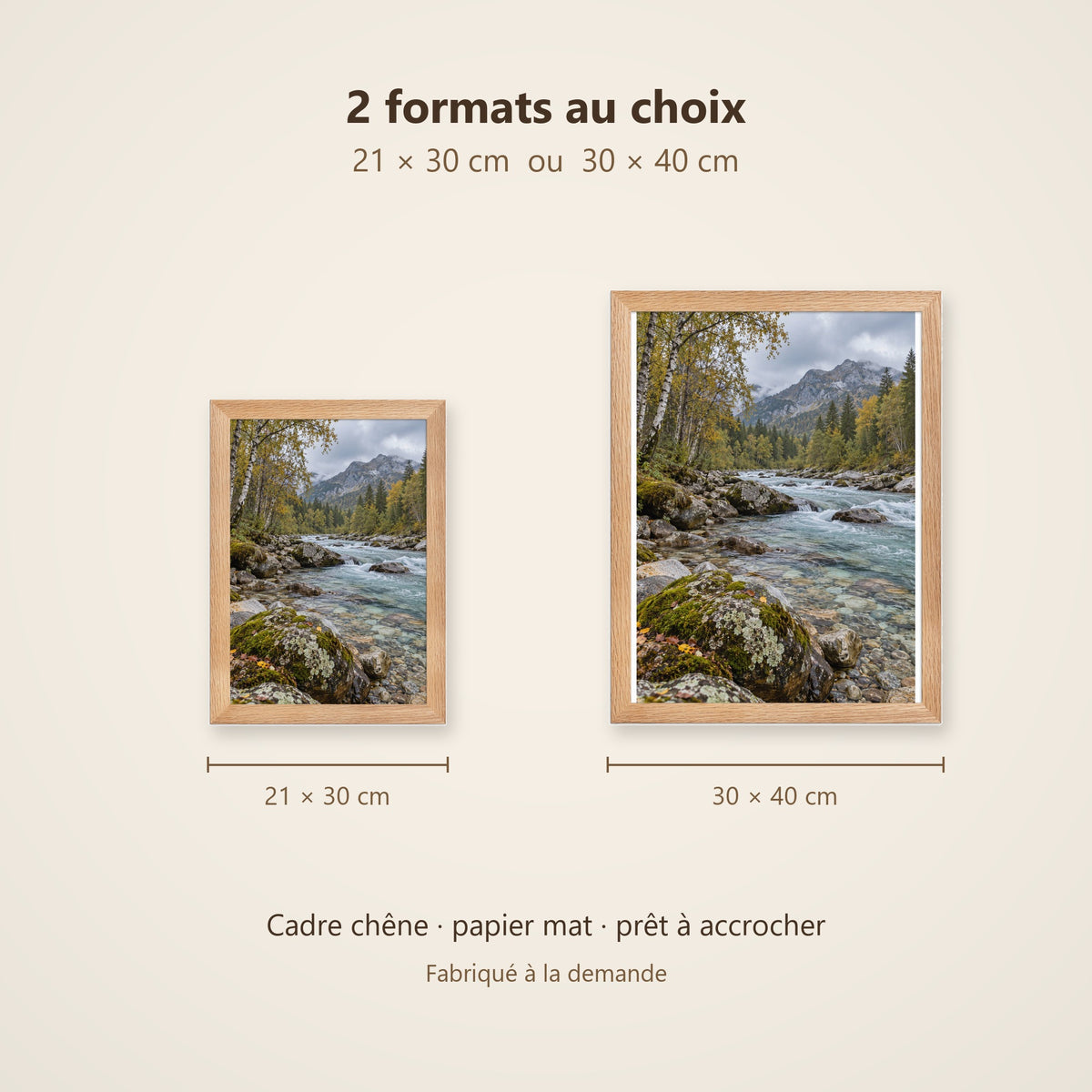 Poster Encadré Rivière de montagne - Affiche Nature Cadre Chêne - Décoration Murale