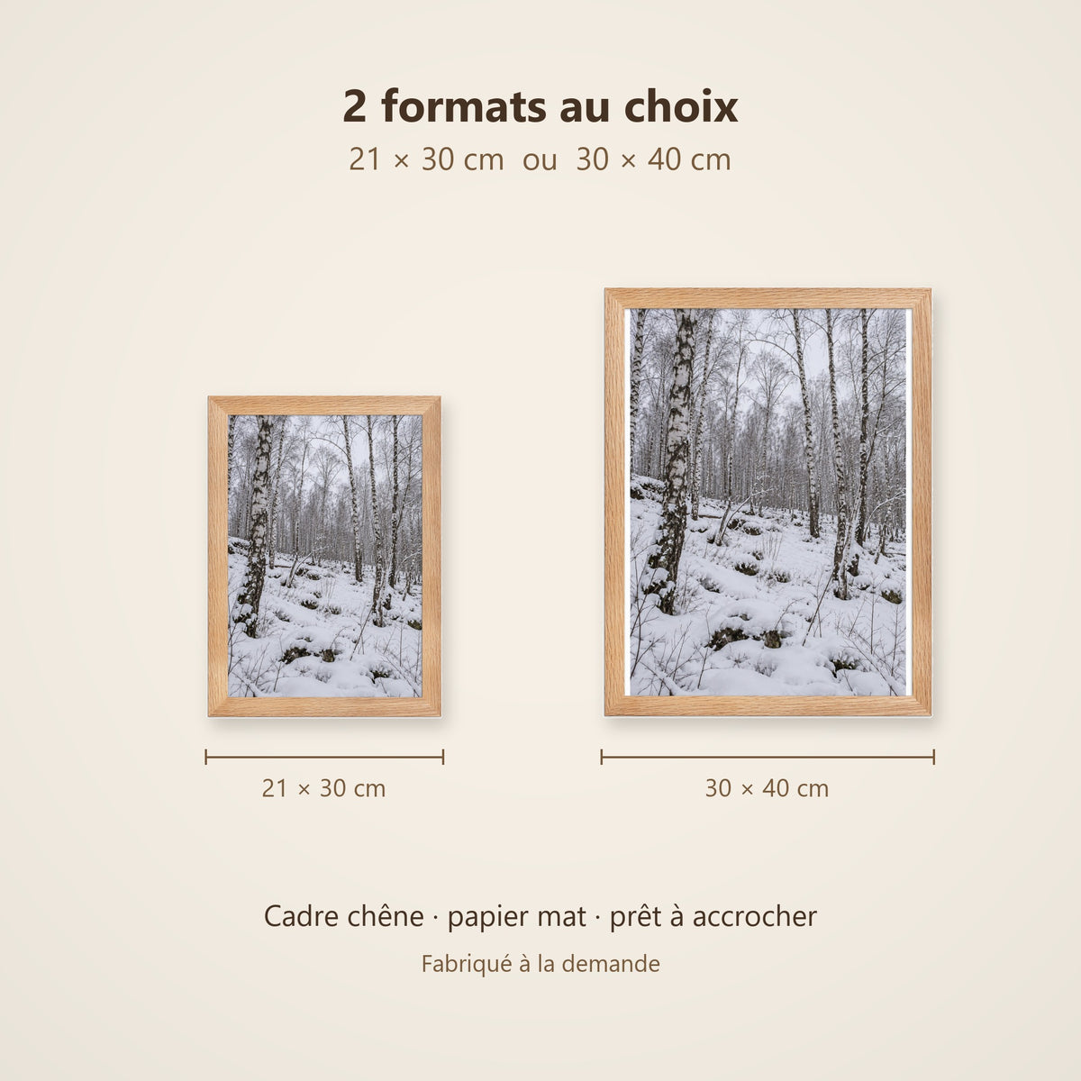 Poster Encadré Forêt de bouleaux sous la neige - Affiche Nature Cadre Chêne - Décoration Murale