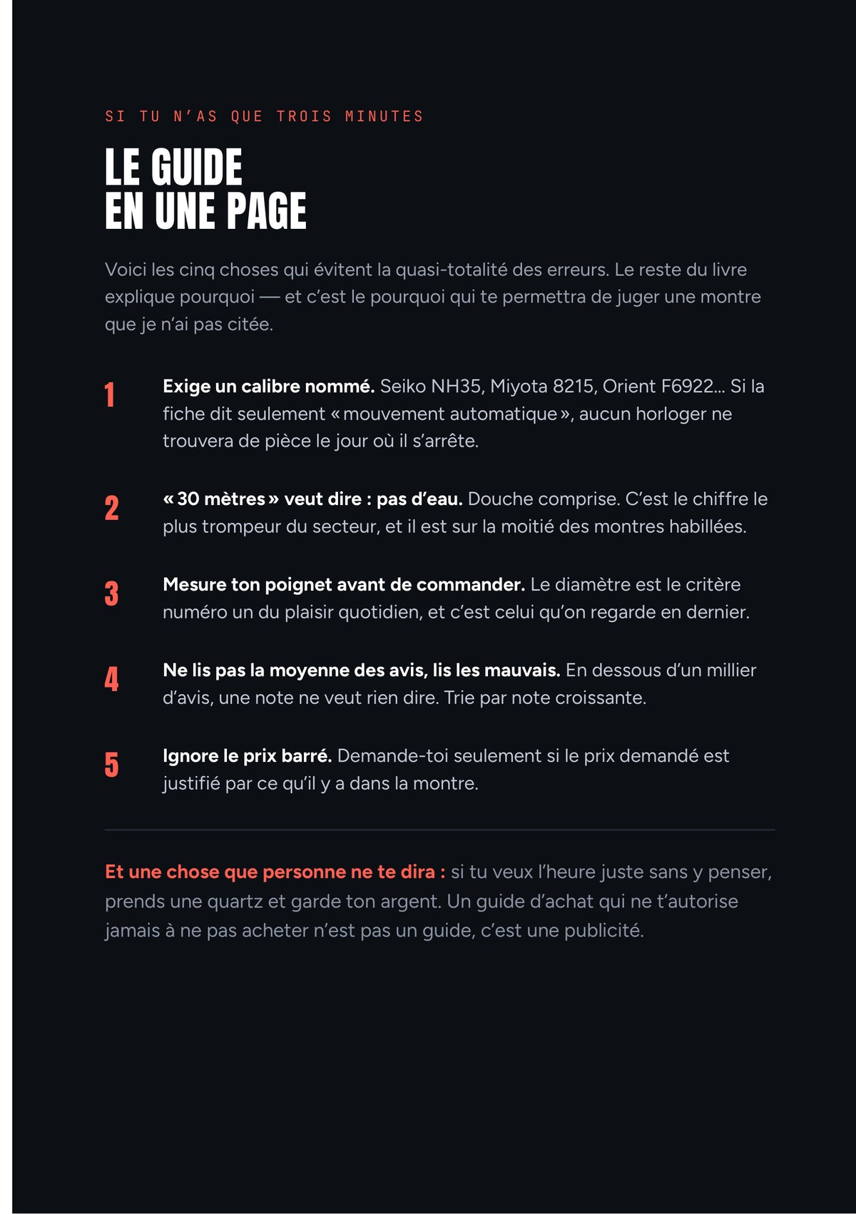 Page « Le guide en une page » : les cinq réflexes avant d'acheter une montre automatique