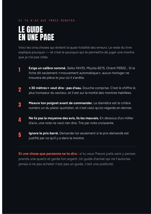 Page « Le guide en une page » : les cinq réflexes avant d'acheter une montre automatique