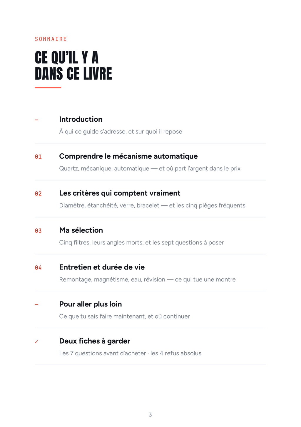Sommaire du guide : mécanisme automatique, critères, sélection, entretien et deux fiches à garder