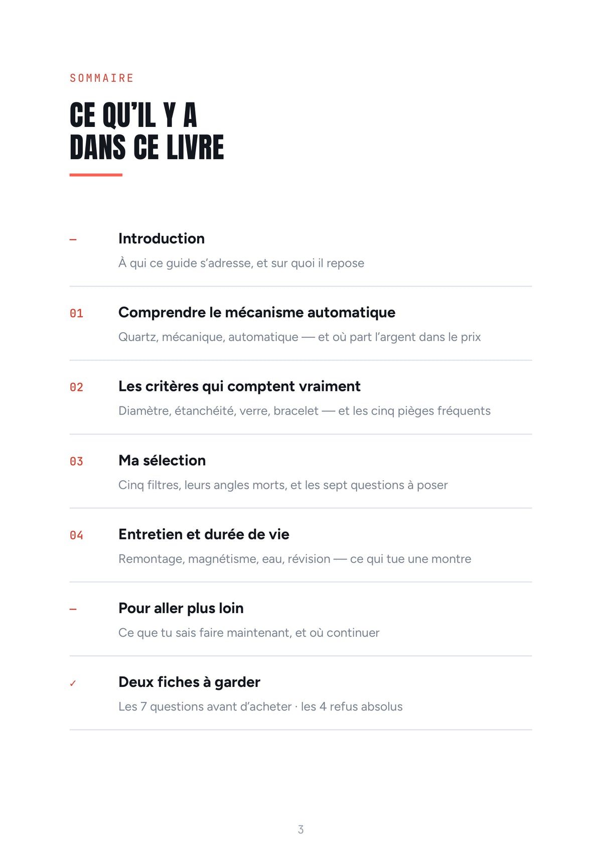 Sommaire du guide : mécanisme automatique, critères, sélection, entretien et deux fiches à garder