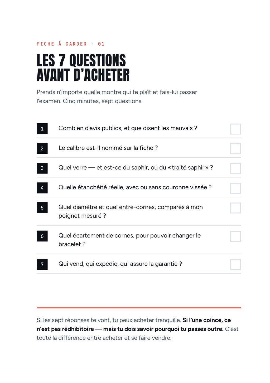 Fiche à garder « Les 7 questions avant d'acheter » avec cases à cocher
