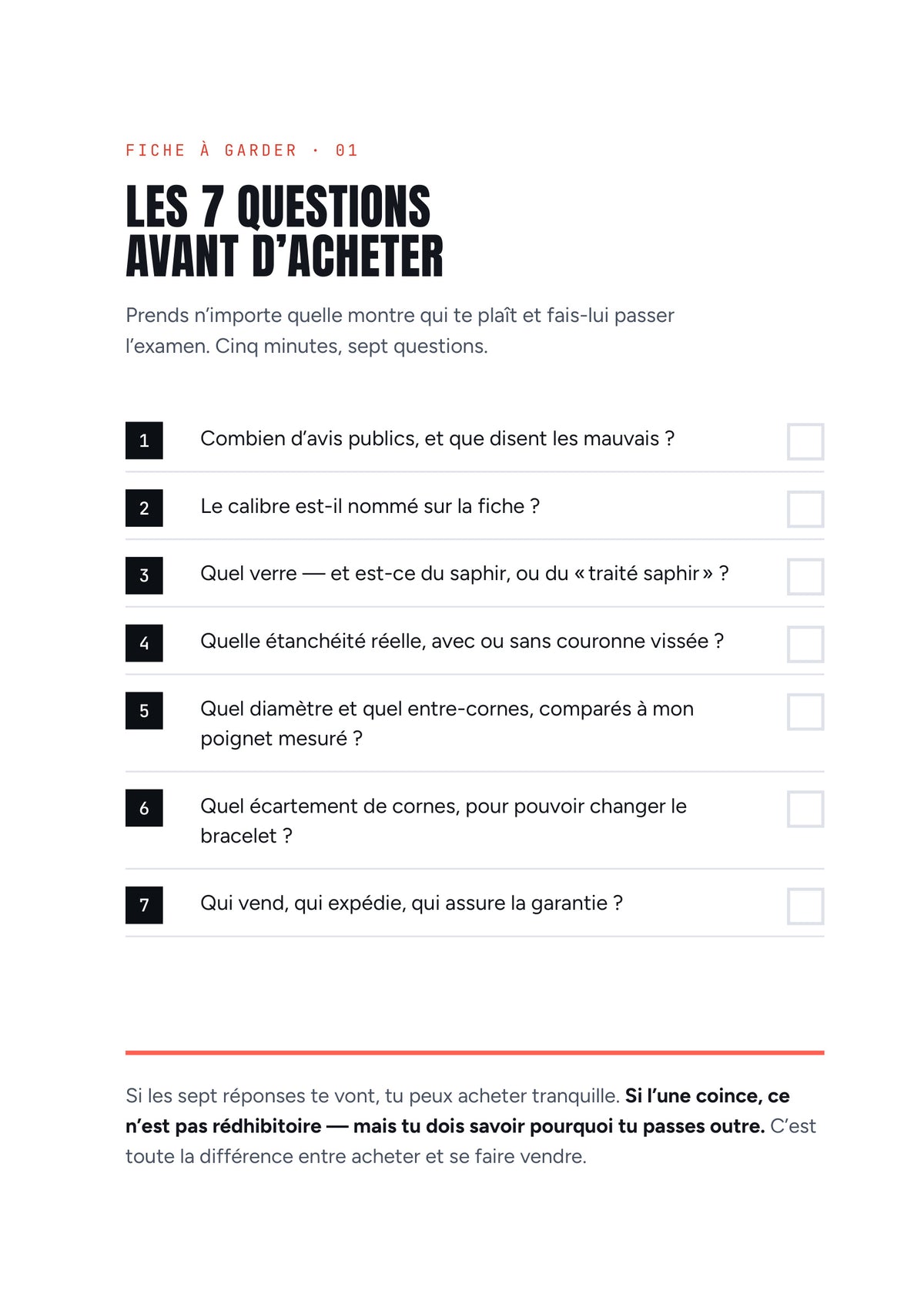 Fiche à garder « Les 7 questions avant d'acheter » avec cases à cocher