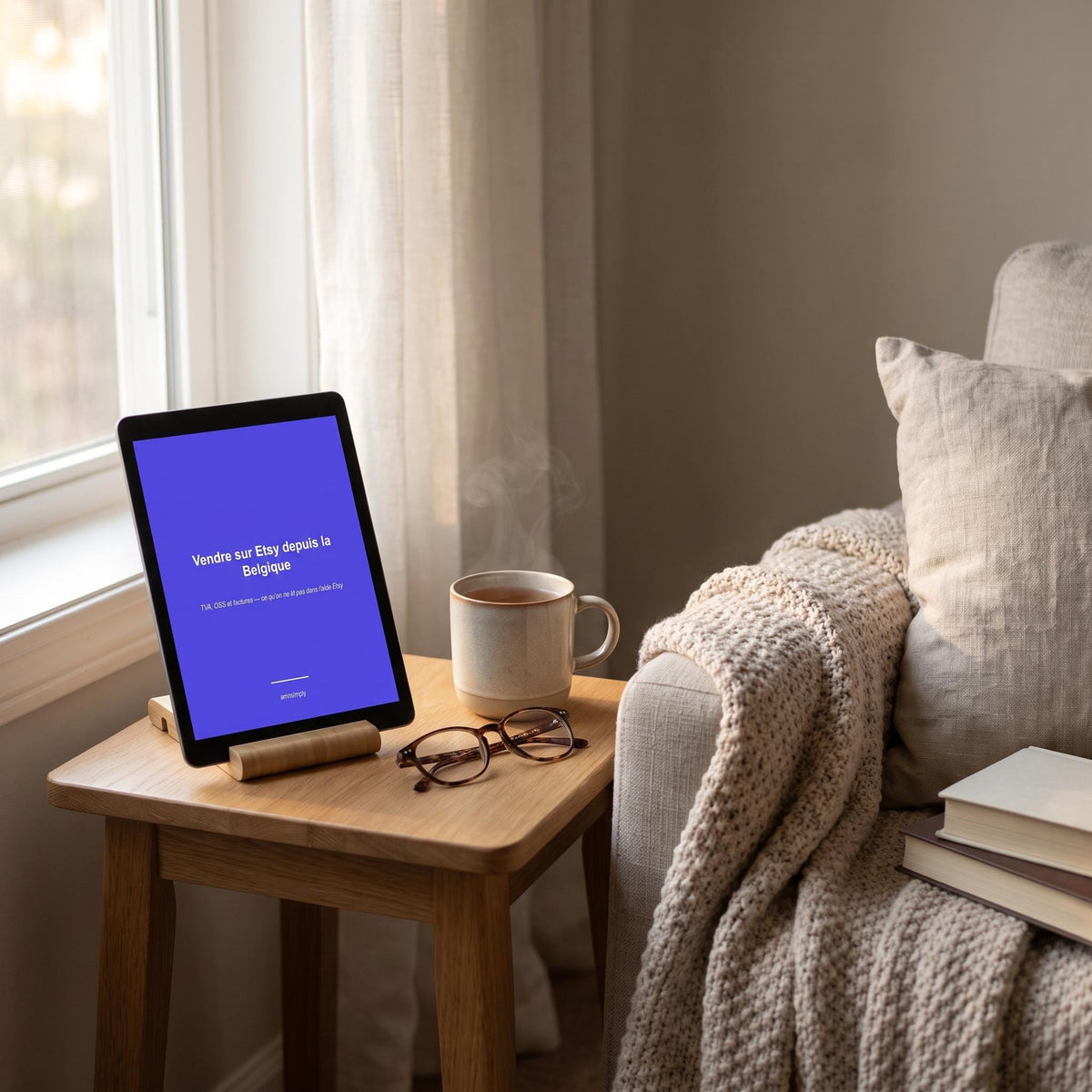 Tablette affichant la couverture du guide, posée près d'un fauteuil et d'une fenêtre