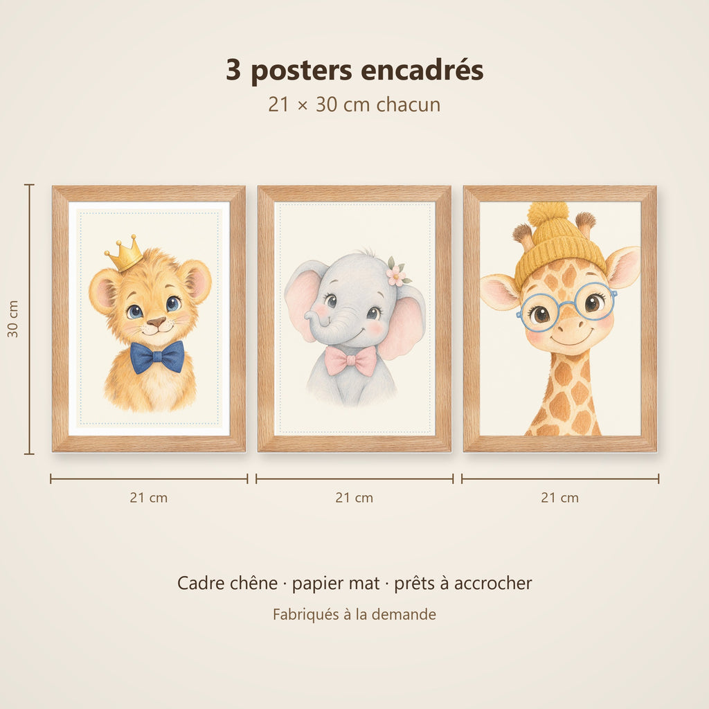 Lot 3 Posters Encadrés Rois de la Savane – Lionceau Éléphanteau Girafon – Décoration Chambre Bébé Aquarelle – Cadre Chêne 21×30 cm
