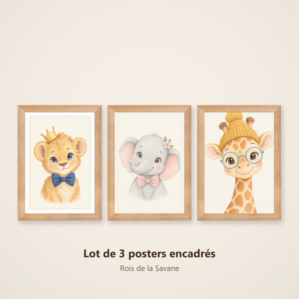 Lot 3 Posters Encadrés Rois de la Savane – Lionceau Éléphanteau Girafon – Décoration Chambre Bébé Aquarelle – Cadre Chêne 21×30 cm