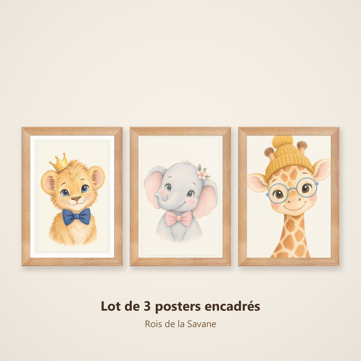Lot 3 Posters Encadrés Rois de la Savane – Lionceau Éléphanteau Girafon – Décoration Chambre Bébé Aquarelle – Cadre Chêne 21×30 cm