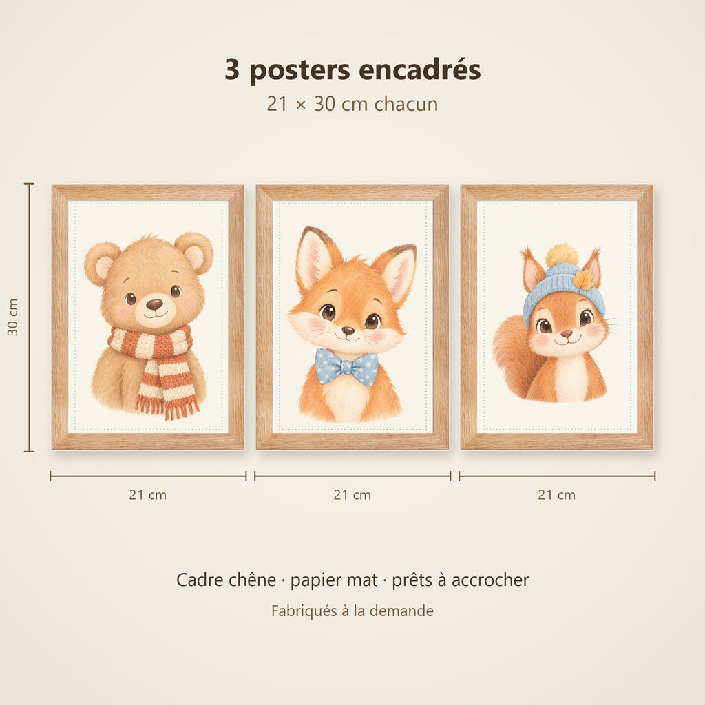 Lot 3 Posters Encadrés Copains de la Forêt – Ourson Renardeau Écureuil – Décoration Chambre Bébé Aquarelle – Cadre Chêne 21×30 cm