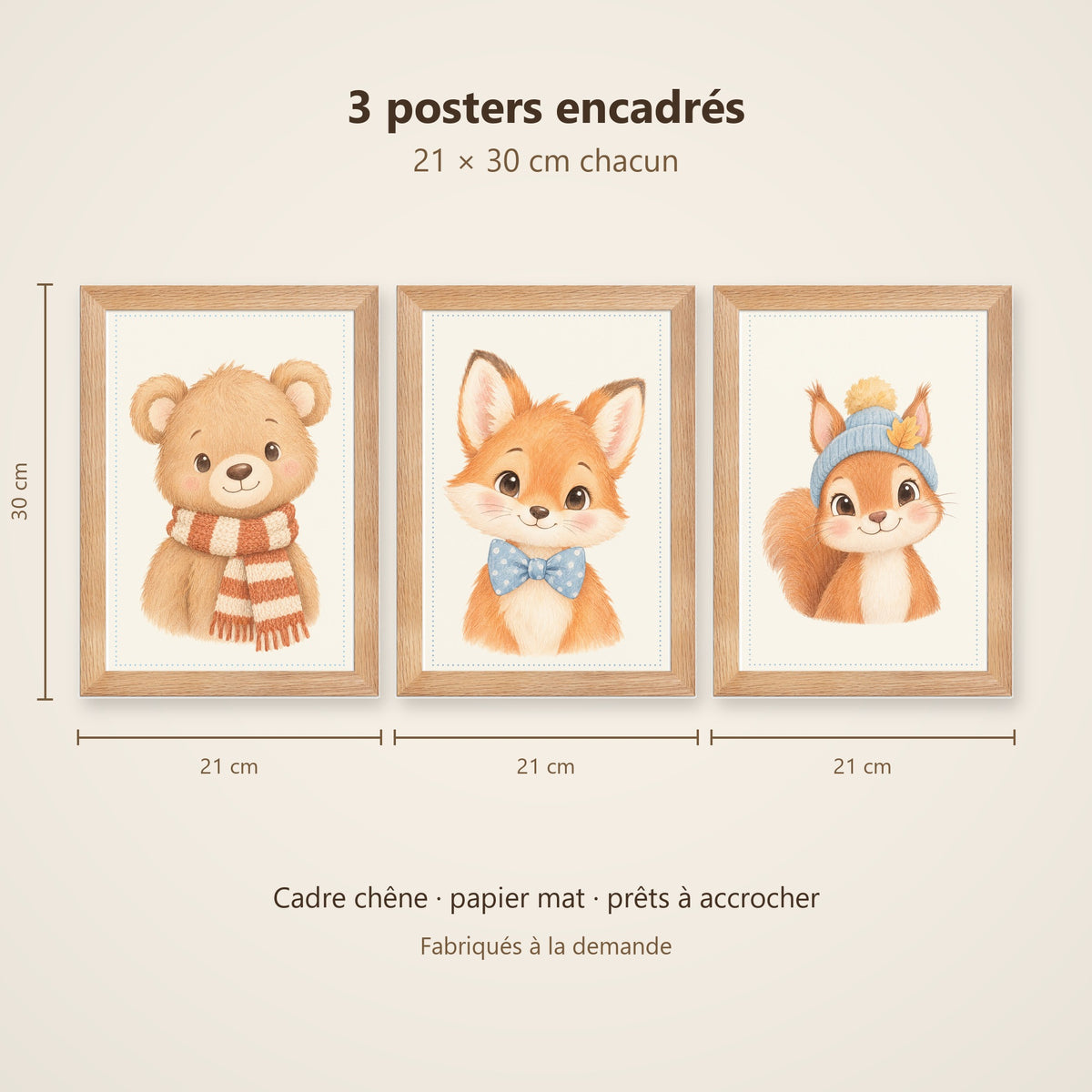 Lot 3 Posters Encadrés Copains de la Forêt – Ourson Renardeau Écureuil – Décoration Chambre Bébé Aquarelle – Cadre Chêne 21×30 cm