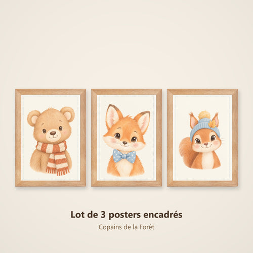 Lot 3 Posters Encadrés Copains de la Forêt – Ourson Renardeau Écureuil – Décoration Chambre Bébé Aquarelle – Cadre Chêne 21×30 cm
