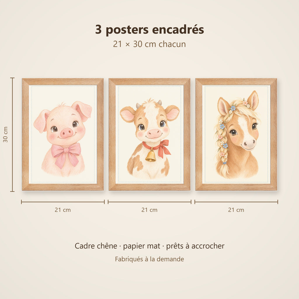 Lot 3 Posters Encadrés Amis de la Ferme – Cochonnet Veau Poulain – Décoration Chambre Bébé Aquarelle – Cadre Chêne 21×30 cm