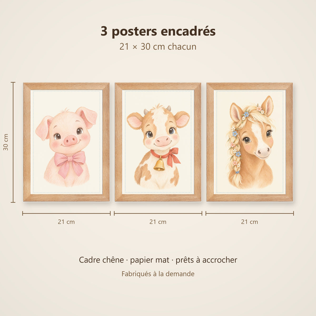 Lot 3 Posters Encadrés Amis de la Ferme – Cochonnet Veau Poulain – Décoration Chambre Bébé Aquarelle – Cadre Chêne 21×30 cm