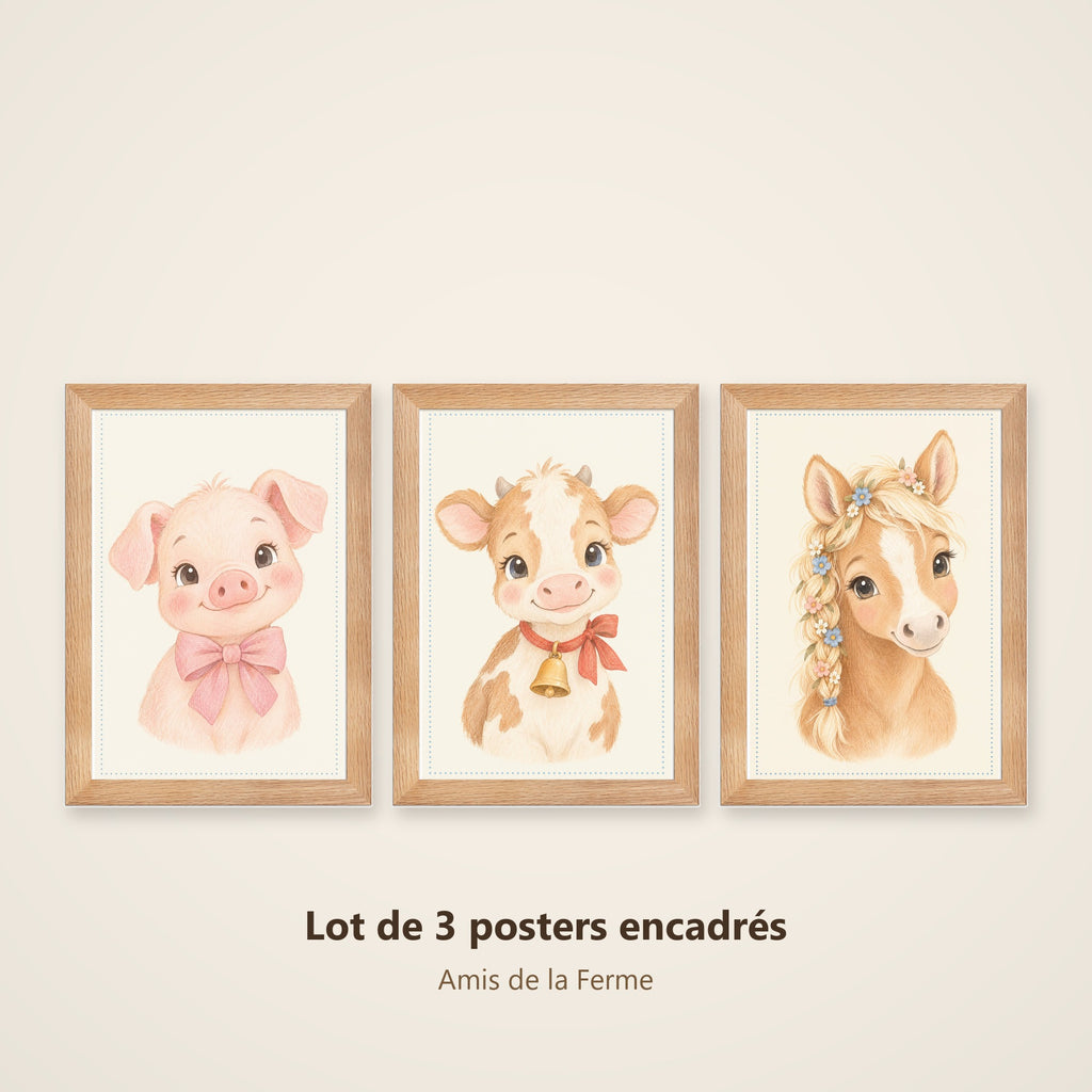 Lot 3 Posters Encadrés Amis de la Ferme – Cochonnet Veau Poulain – Décoration Chambre Bébé Aquarelle – Cadre Chêne 21×30 cm